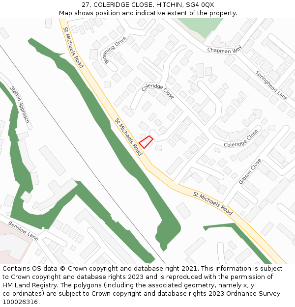 27, COLERIDGE CLOSE, HITCHIN, SG4 0QX: Location map and indicative extent of plot