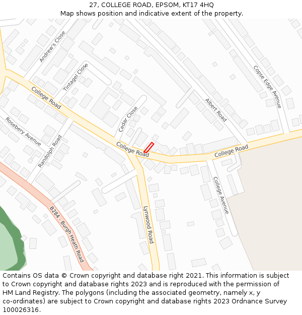 27, COLLEGE ROAD, EPSOM, KT17 4HQ: Location map and indicative extent of plot