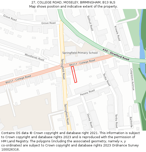 27, COLLEGE ROAD, MOSELEY, BIRMINGHAM, B13 9LS: Location map and indicative extent of plot