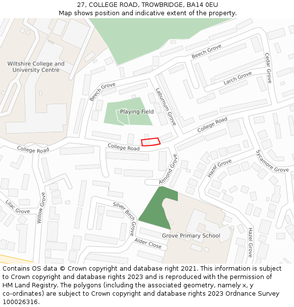 27, COLLEGE ROAD, TROWBRIDGE, BA14 0EU: Location map and indicative extent of plot