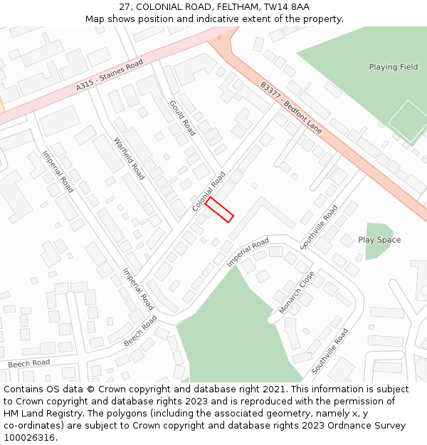 27, COLONIAL ROAD, FELTHAM, TW14 8AA: Location map and indicative extent of plot