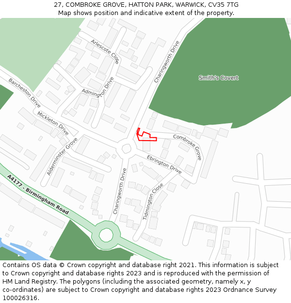 27, COMBROKE GROVE, HATTON PARK, WARWICK, CV35 7TG: Location map and indicative extent of plot