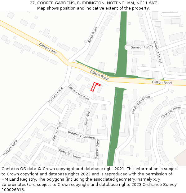 27, COOPER GARDENS, RUDDINGTON, NOTTINGHAM, NG11 6AZ: Location map and indicative extent of plot