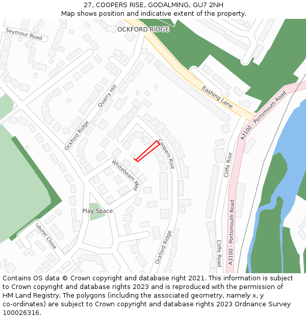 27, COOPERS RISE, GODALMING, GU7 2NH: Location map and indicative extent of plot