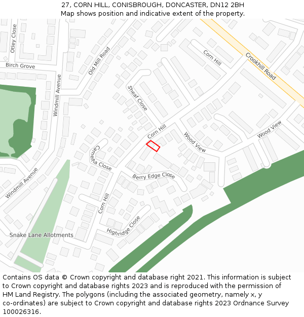 27, CORN HILL, CONISBROUGH, DONCASTER, DN12 2BH: Location map and indicative extent of plot