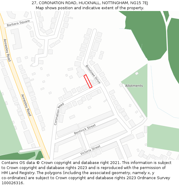 27, CORONATION ROAD, HUCKNALL, NOTTINGHAM, NG15 7EJ: Location map and indicative extent of plot