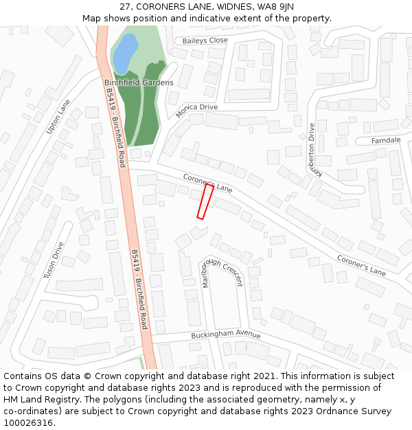 27, CORONERS LANE, WIDNES, WA8 9JN: Location map and indicative extent of plot