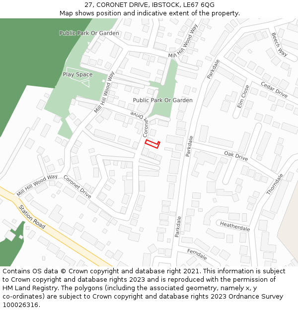 27, CORONET DRIVE, IBSTOCK, LE67 6QG: Location map and indicative extent of plot