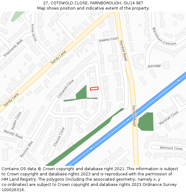 27, COTSWOLD CLOSE, FARNBOROUGH, GU14 9ET: Location map and indicative extent of plot