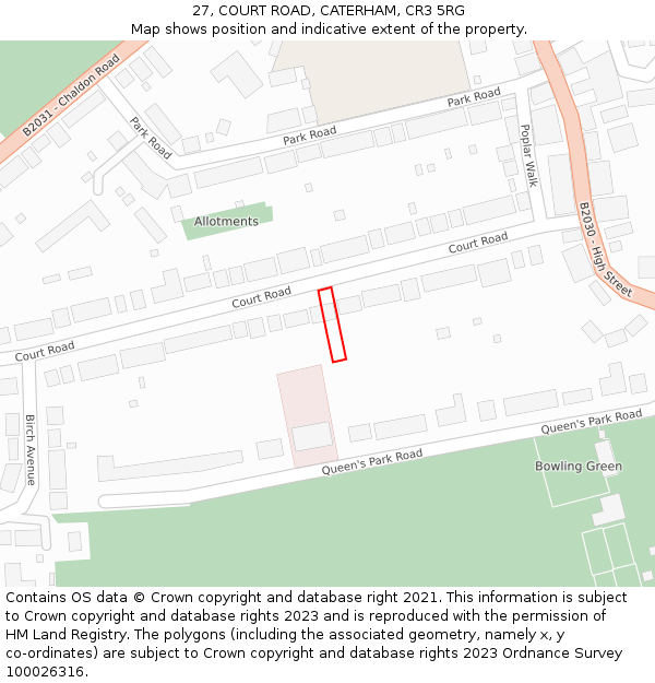 27, COURT ROAD, CATERHAM, CR3 5RG: Location map and indicative extent of plot