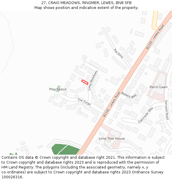 27, CRAIG MEADOWS, RINGMER, LEWES, BN8 5FB: Location map and indicative extent of plot