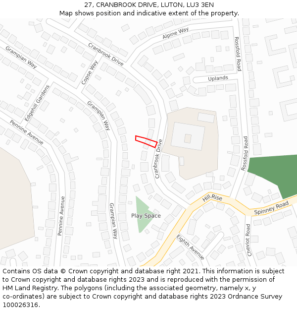 27, CRANBROOK DRIVE, LUTON, LU3 3EN: Location map and indicative extent of plot