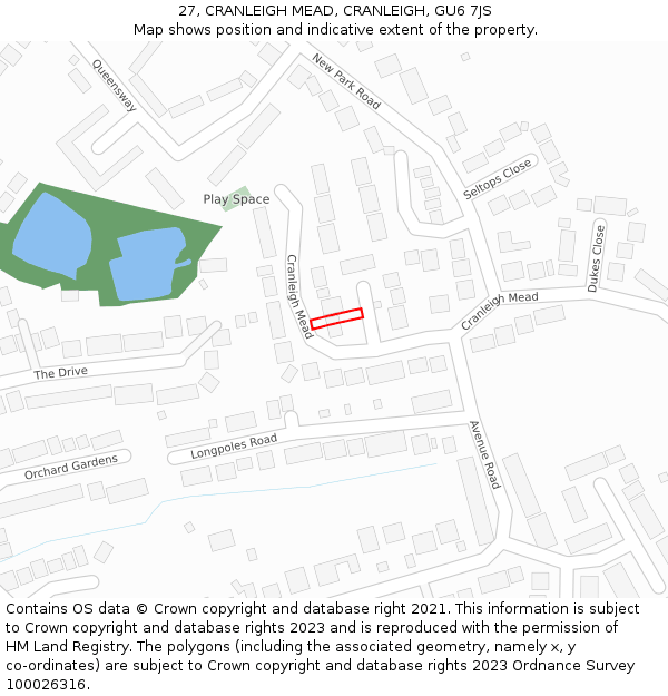 27, CRANLEIGH MEAD, CRANLEIGH, GU6 7JS: Location map and indicative extent of plot