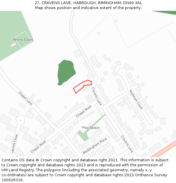 27, CRAVENS LANE, HABROUGH, IMMINGHAM, DN40 3AL: Location map and indicative extent of plot