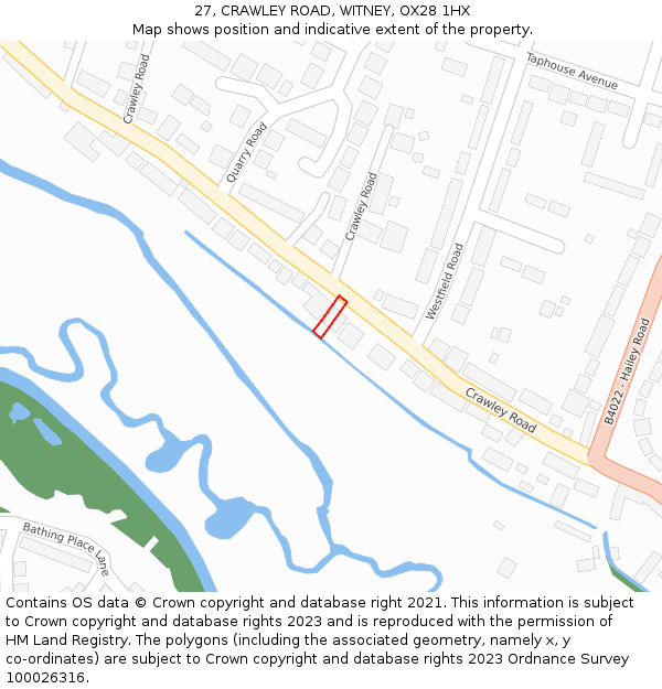 27, CRAWLEY ROAD, WITNEY, OX28 1HX: Location map and indicative extent of plot