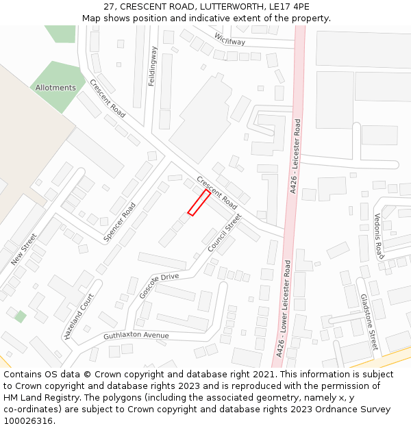 27, CRESCENT ROAD, LUTTERWORTH, LE17 4PE: Location map and indicative extent of plot