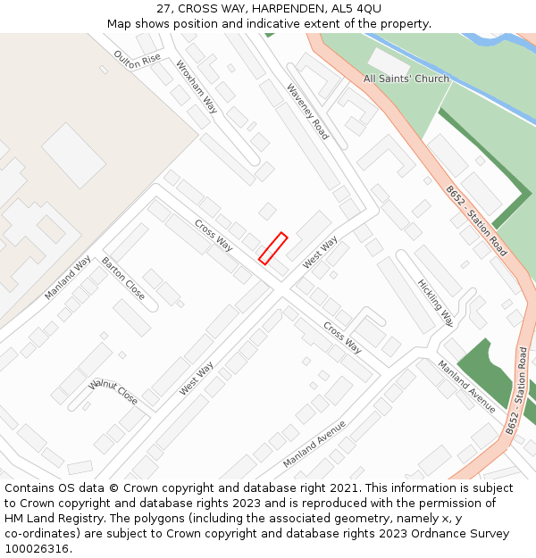 27, CROSS WAY, HARPENDEN, AL5 4QU: Location map and indicative extent of plot