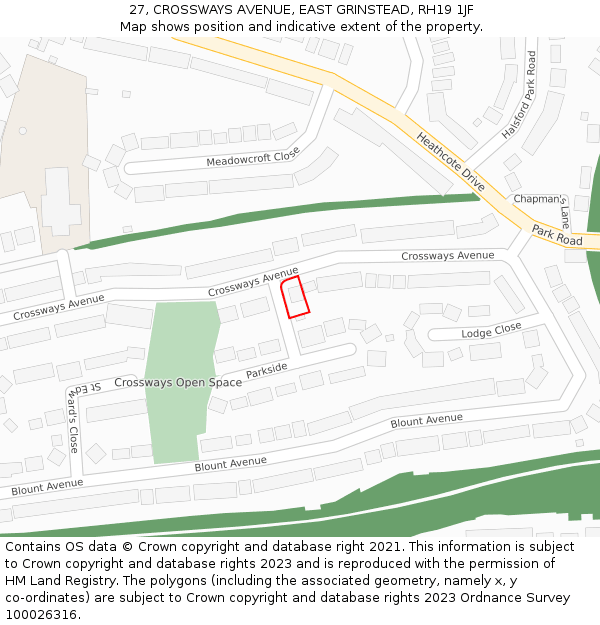 27, CROSSWAYS AVENUE, EAST GRINSTEAD, RH19 1JF: Location map and indicative extent of plot