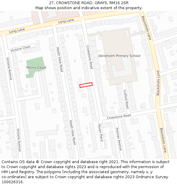 27, CROWSTONE ROAD, GRAYS, RM16 2SR: Location map and indicative extent of plot