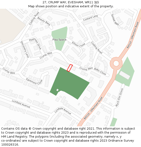 27, CRUMP WAY, EVESHAM, WR11 3JG: Location map and indicative extent of plot