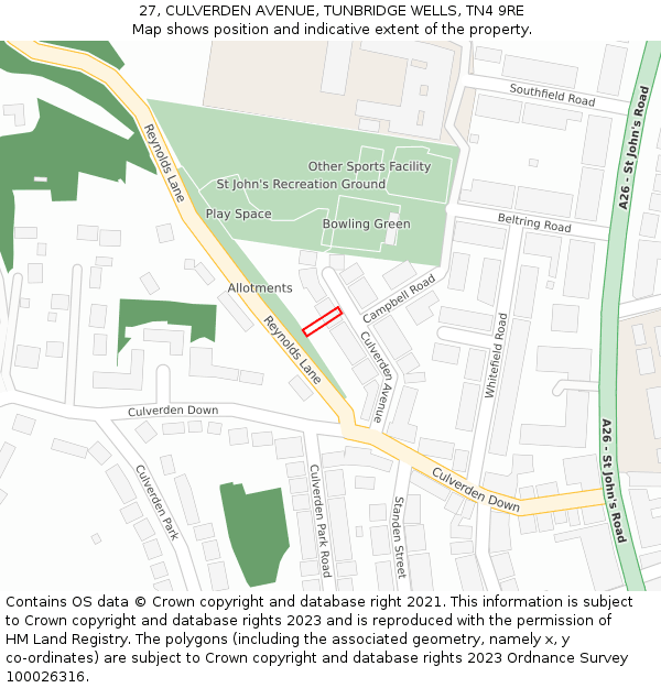 27, CULVERDEN AVENUE, TUNBRIDGE WELLS, TN4 9RE: Location map and indicative extent of plot