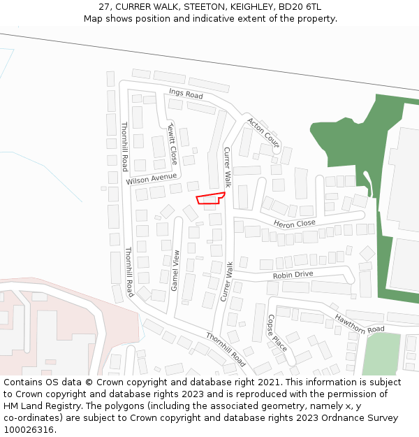 27, CURRER WALK, STEETON, KEIGHLEY, BD20 6TL: Location map and indicative extent of plot