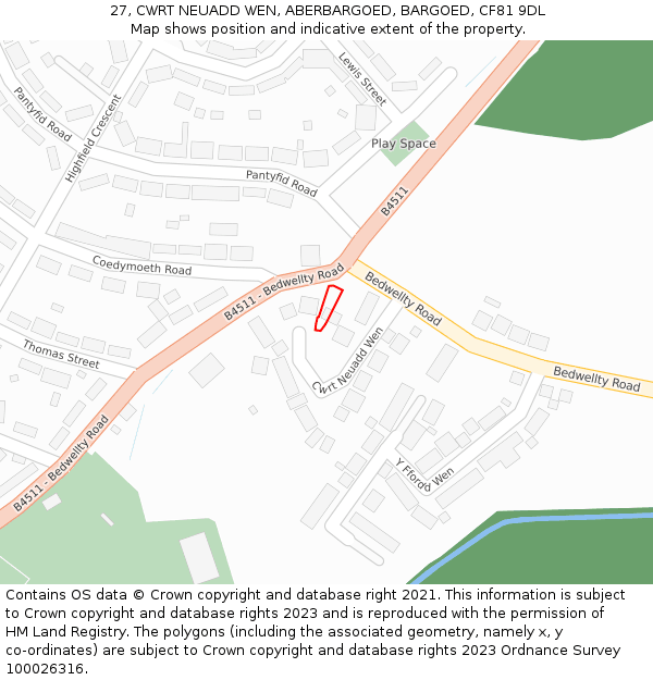 27, CWRT NEUADD WEN, ABERBARGOED, BARGOED, CF81 9DL: Location map and indicative extent of plot