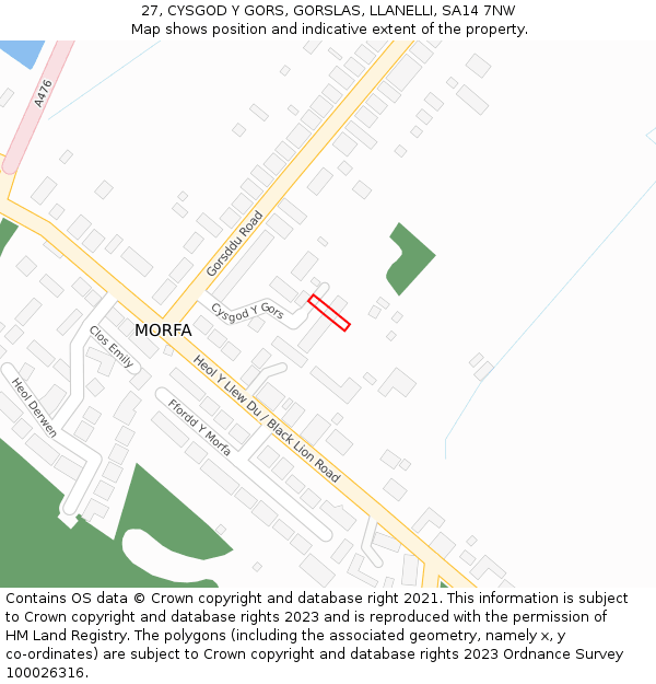 27, CYSGOD Y GORS, GORSLAS, LLANELLI, SA14 7NW: Location map and indicative extent of plot