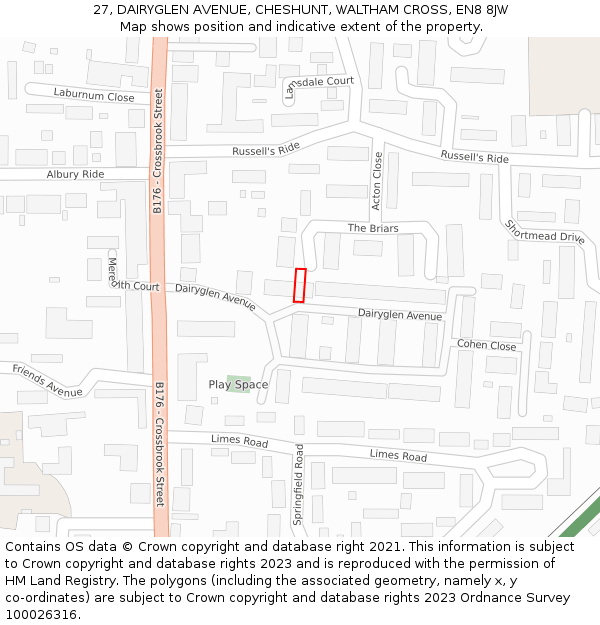 27, DAIRYGLEN AVENUE, CHESHUNT, WALTHAM CROSS, EN8 8JW: Location map and indicative extent of plot