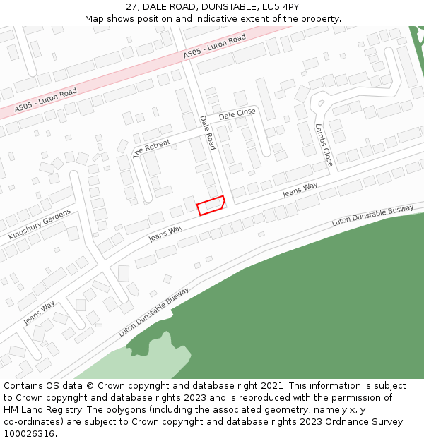 27, DALE ROAD, DUNSTABLE, LU5 4PY: Location map and indicative extent of plot