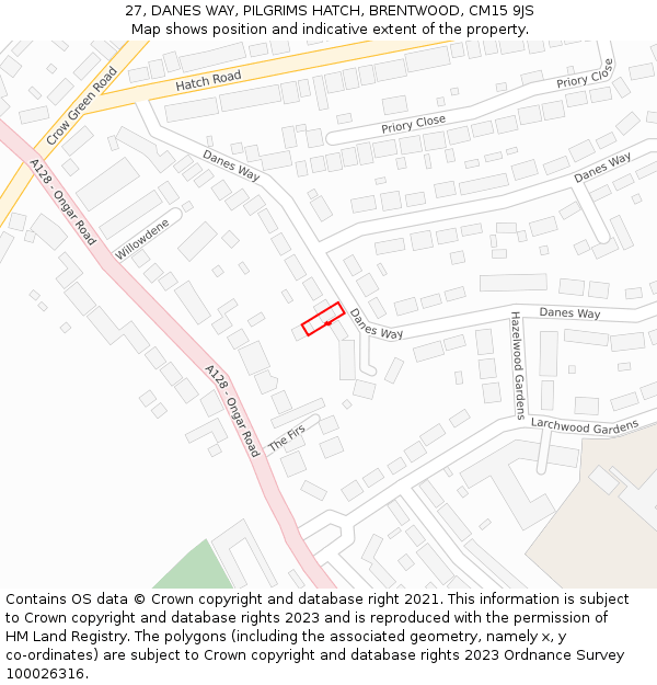 27, DANES WAY, PILGRIMS HATCH, BRENTWOOD, CM15 9JS: Location map and indicative extent of plot