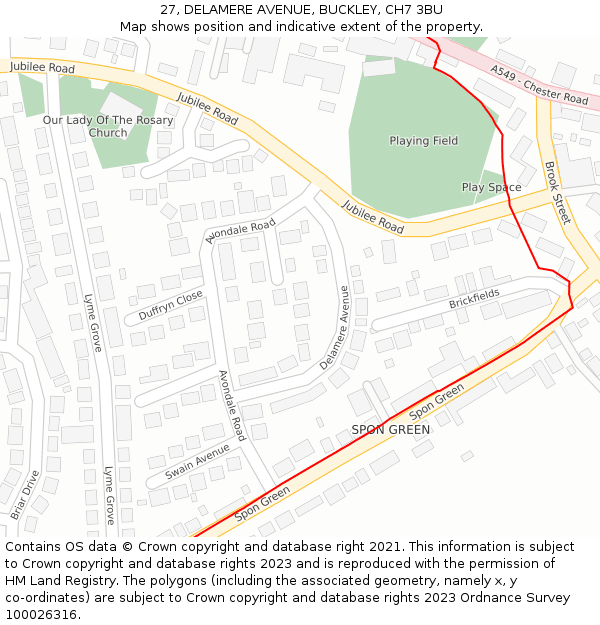 27, DELAMERE AVENUE, BUCKLEY, CH7 3BU: Location map and indicative extent of plot