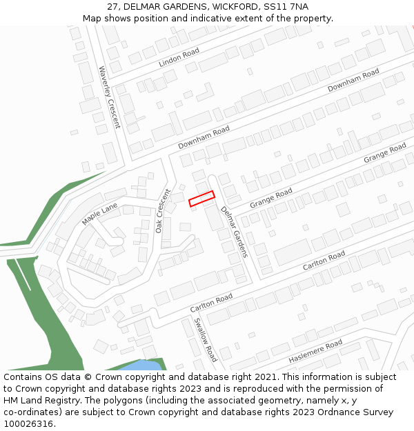 27, DELMAR GARDENS, WICKFORD, SS11 7NA: Location map and indicative extent of plot