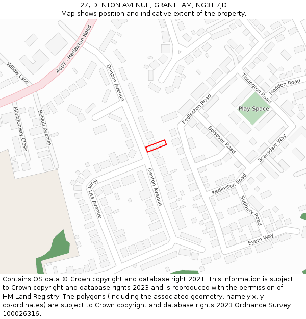 27, DENTON AVENUE, GRANTHAM, NG31 7JD: Location map and indicative extent of plot