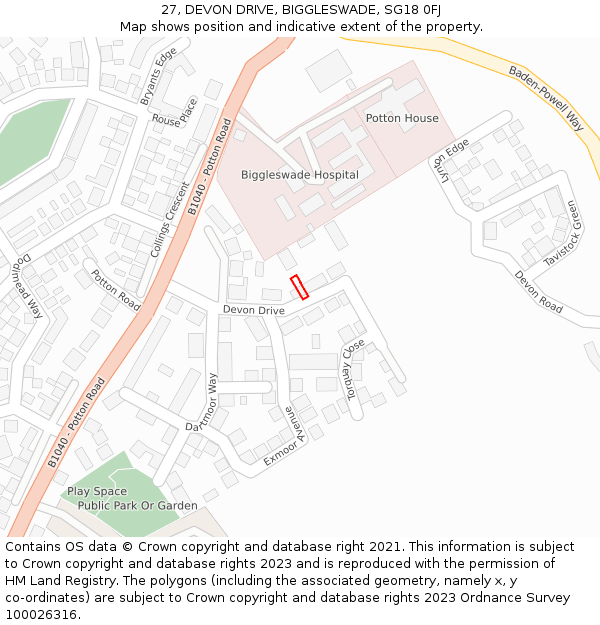 27, DEVON DRIVE, BIGGLESWADE, SG18 0FJ: Location map and indicative extent of plot