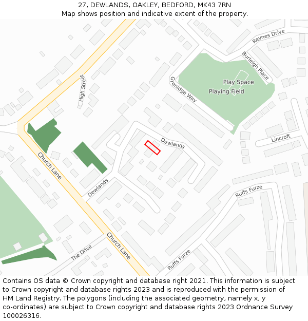 27, DEWLANDS, OAKLEY, BEDFORD, MK43 7RN: Location map and indicative extent of plot