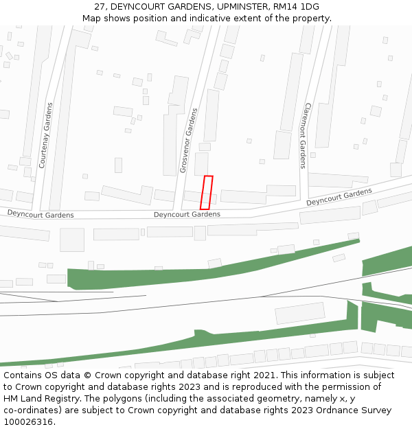 27, DEYNCOURT GARDENS, UPMINSTER, RM14 1DG: Location map and indicative extent of plot