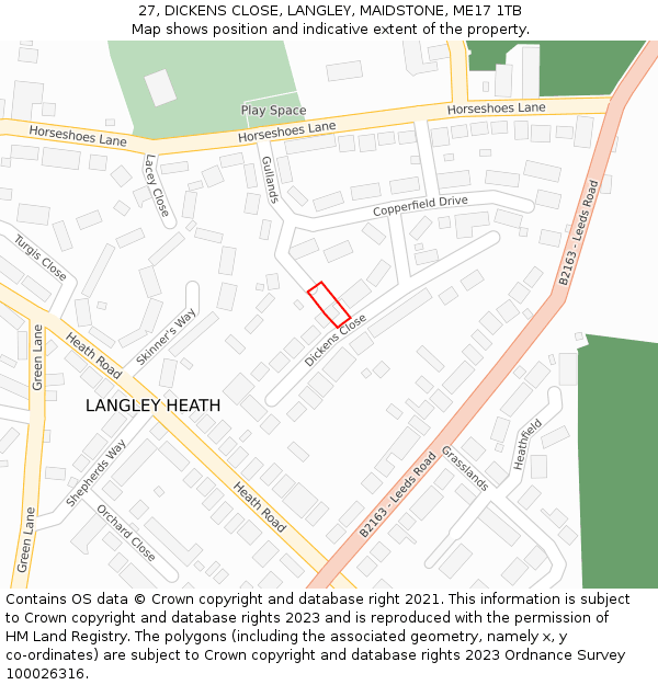 27, DICKENS CLOSE, LANGLEY, MAIDSTONE, ME17 1TB: Location map and indicative extent of plot