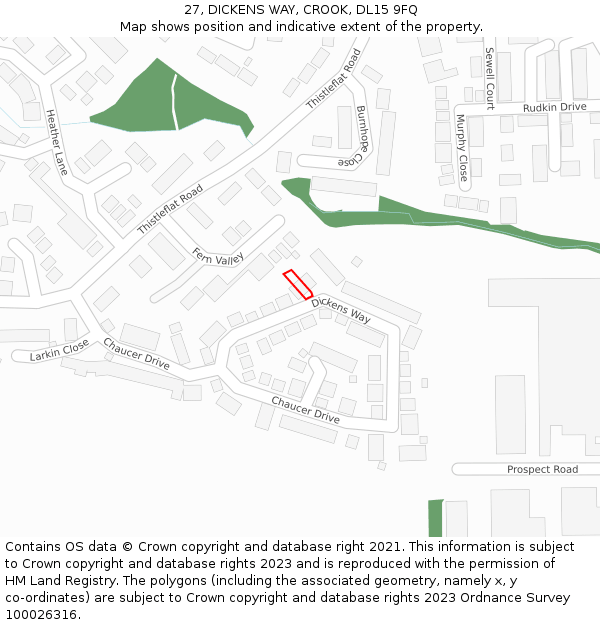 27, DICKENS WAY, CROOK, DL15 9FQ: Location map and indicative extent of plot