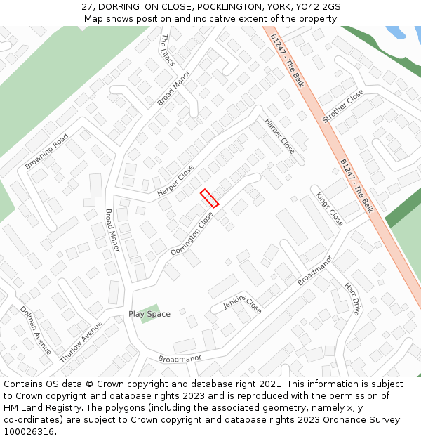 27, DORRINGTON CLOSE, POCKLINGTON, YORK, YO42 2GS: Location map and indicative extent of plot