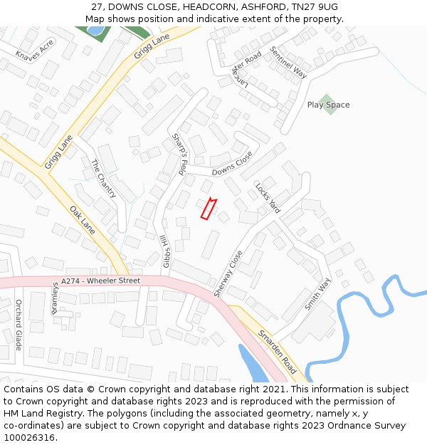 27, DOWNS CLOSE, HEADCORN, ASHFORD, TN27 9UG: Location map and indicative extent of plot