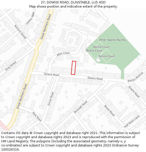 27, DOWNS ROAD, DUNSTABLE, LU5 4DD: Location map and indicative extent of plot