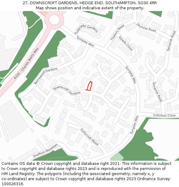27, DOWNSCROFT GARDENS, HEDGE END, SOUTHAMPTON, SO30 4RR: Location map and indicative extent of plot