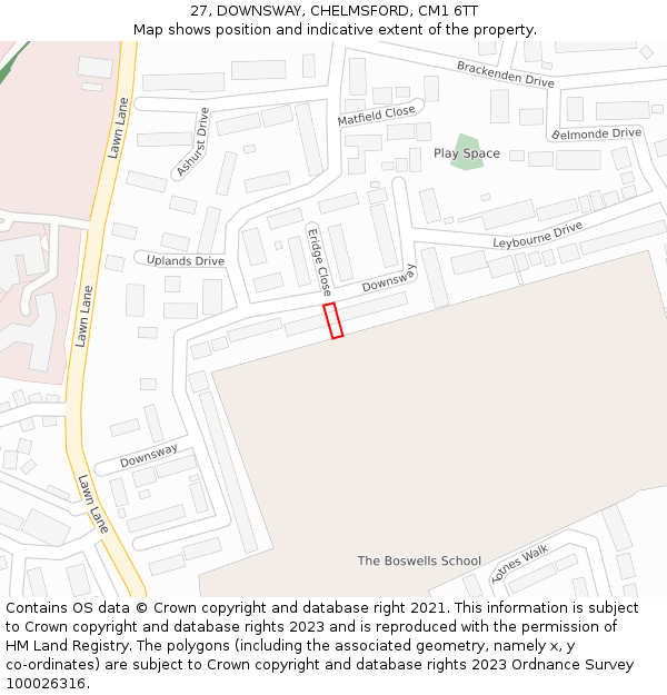 27, DOWNSWAY, CHELMSFORD, CM1 6TT: Location map and indicative extent of plot