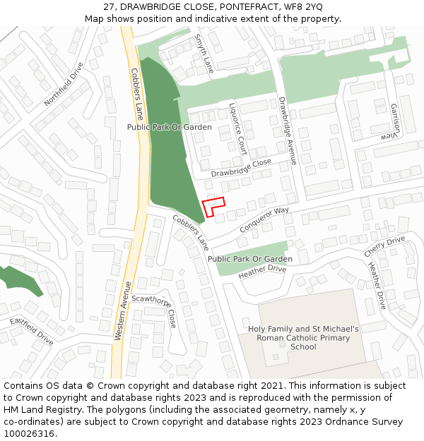 27, DRAWBRIDGE CLOSE, PONTEFRACT, WF8 2YQ: Location map and indicative extent of plot