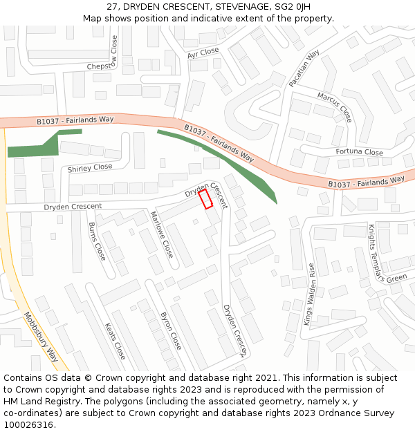 27, DRYDEN CRESCENT, STEVENAGE, SG2 0JH: Location map and indicative extent of plot