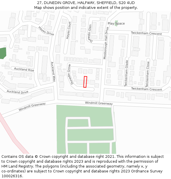 27, DUNEDIN GROVE, HALFWAY, SHEFFIELD, S20 4UD: Location map and indicative extent of plot