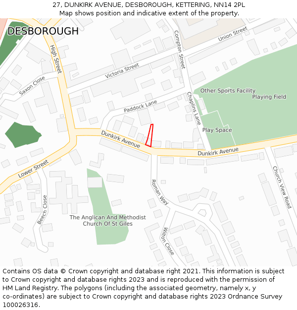 27, DUNKIRK AVENUE, DESBOROUGH, KETTERING, NN14 2PL: Location map and indicative extent of plot