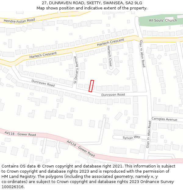 27, DUNRAVEN ROAD, SKETTY, SWANSEA, SA2 9LG: Location map and indicative extent of plot