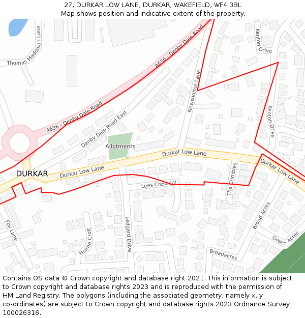 27, DURKAR LOW LANE, DURKAR, WAKEFIELD, WF4 3BL: Location map and indicative extent of plot